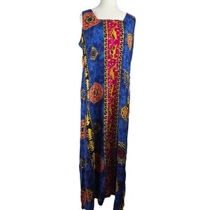 VENUS Blue Maxi Dress with Red & Yellow Accent Print
